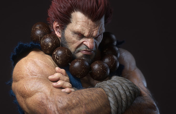 3D, render, gray background, hope, necklace, redhead, men, Street Fighter