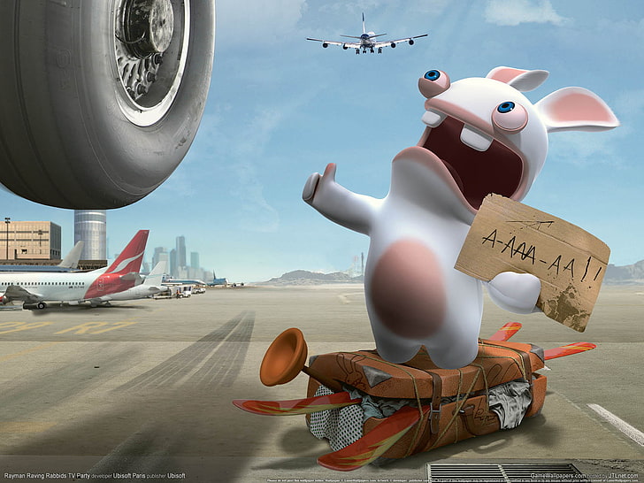 Rabbids Invasion illustration, rabbit, aircraft, hitchhiking, HD wallpaper
