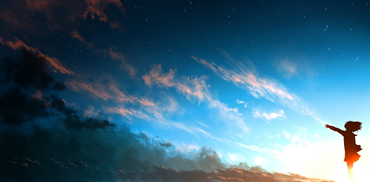 sky, clouds, anime girls, cloud - sky, nature, leisure activity, HD wallpaper