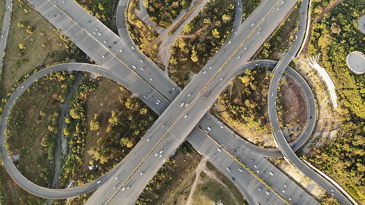 aerial view, highway, road, trees, car, crossroads, traffic, HD wallpaper
