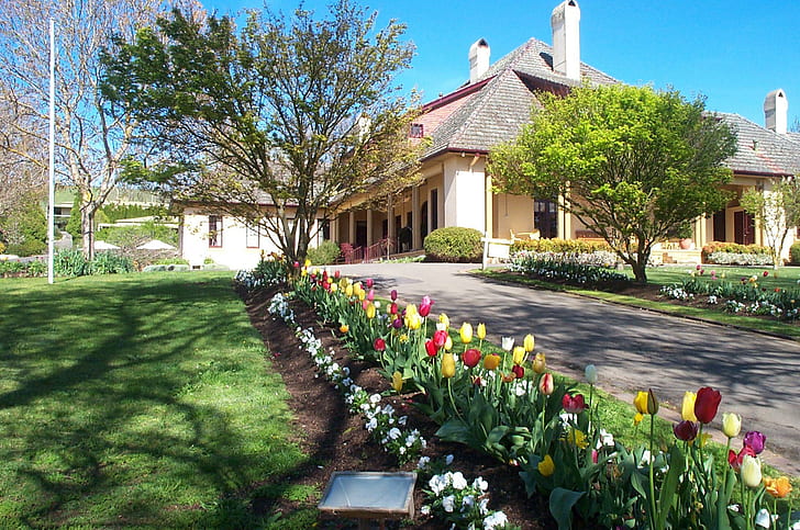 Manor House, trees, grass, tulips, animals