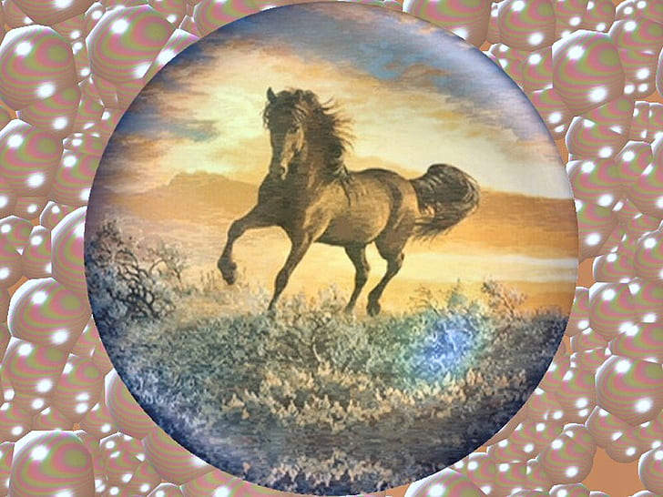 dancing horse art bay bubbles equine painting Persis Clayton Weirs sunset HD, HD wallpaper