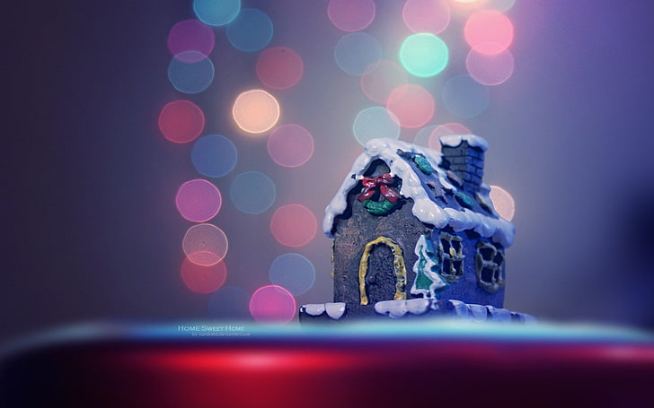black and gray house miniature, Christmas, cake, bokeh, christmas lights, HD wallpaper