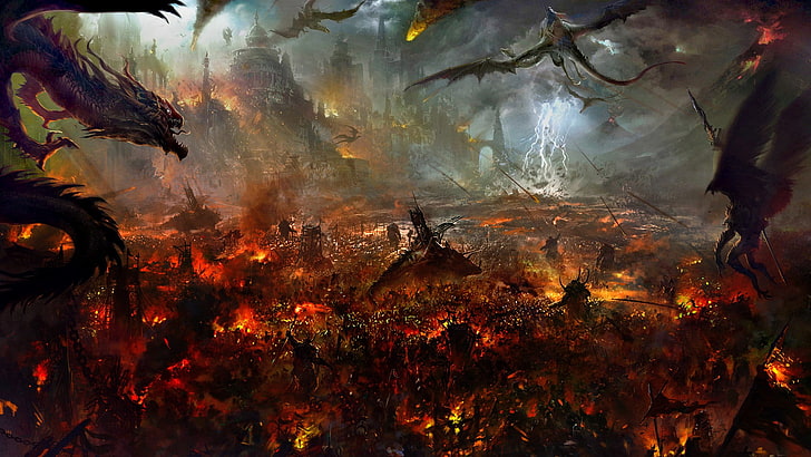 dragon, fantasy art, war, battle, fire, lightning, no people, HD wallpaper