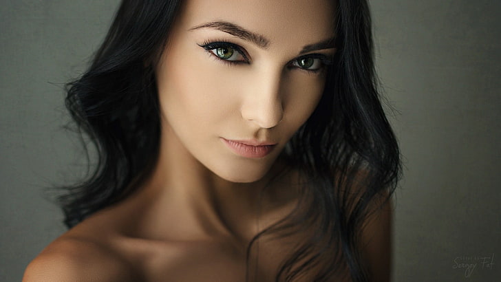 women, face, portrait, black hair, simple background, Sergey Fat, HD wallpaper