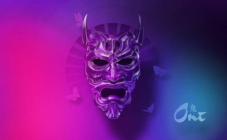 Oni Mask, gray devil mask wallpaper, Aero, Vector Art, Blue, Purple