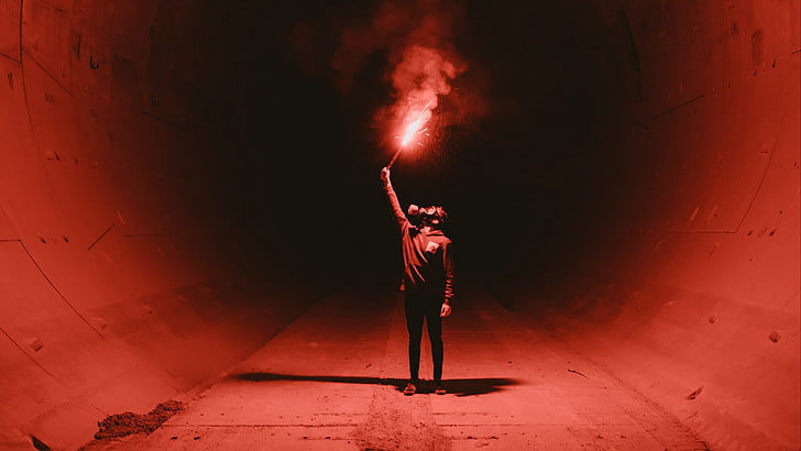tunnel, gas masks, fire, red, dark, flares, one person, full length, HD wallpaper