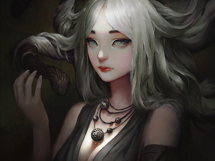 HD wallpaper: fantasy girl, snake, silver hair, green eyes, red lipstick |  Wallpaper Flare