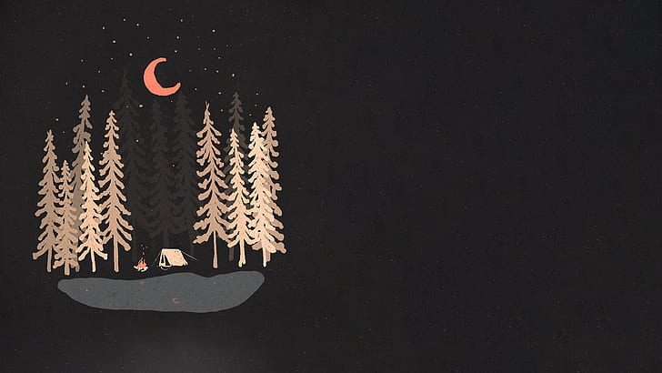black background, Camping, digital art, fire, forest, lake