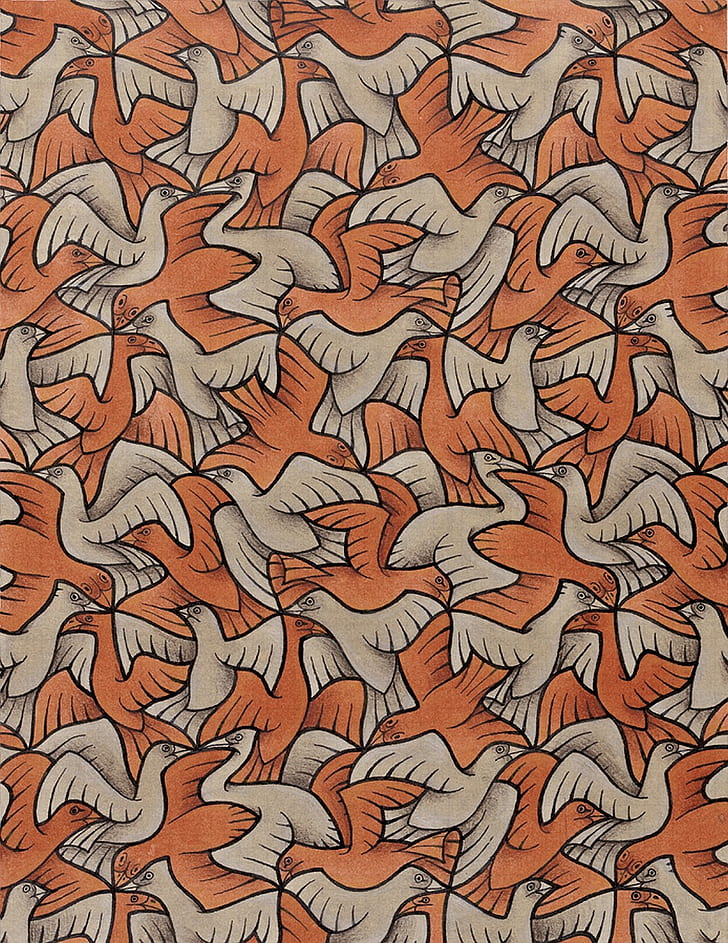 animals, artwork, birds, drawing, Flying, M. C. Escher, Optical Illusion, HD wallpaper