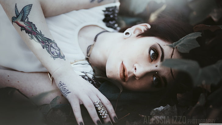women's white sleeveless top, tattoo, nature, lying down, fantasy girl, HD wallpaper