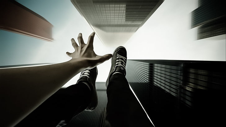 worm's eye photography of person jump-off on building, point of view, HD wallpaper