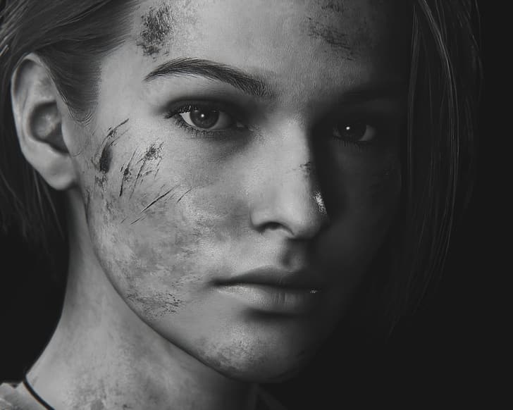 Jill Valentine, video games, monochrome, portrait, Resident Evil 3 Remake, HD wallpaper