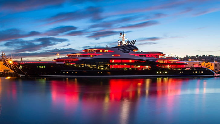 Mega yacht, water, night, lights, clouds, HD wallpaper