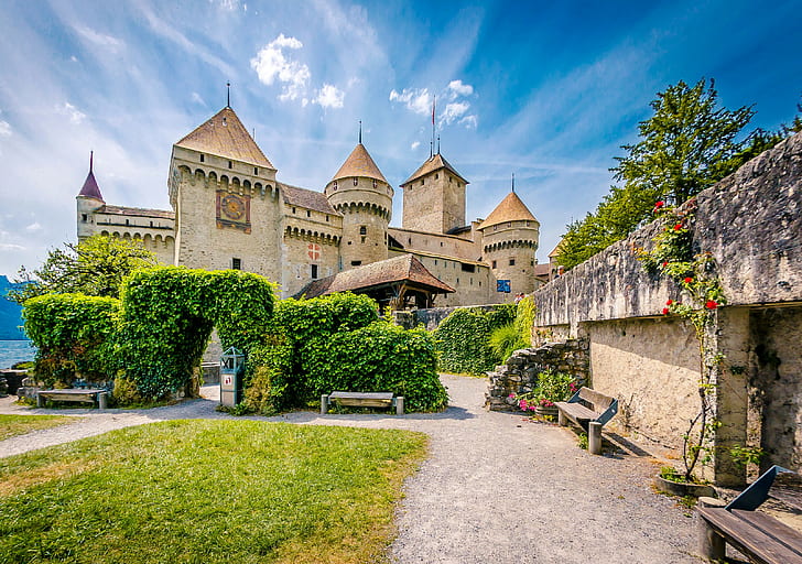 Switzerland, Chillon Castle, Lake Geneva, wall, island, stones
