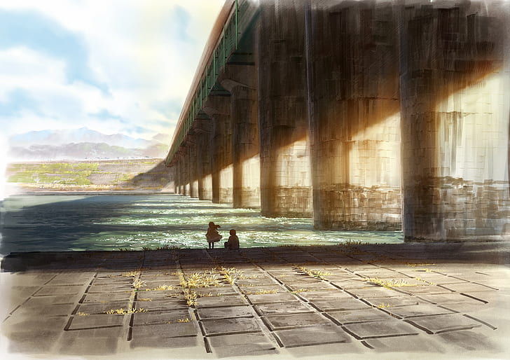 artwork, bridge, drawing, sea, water, HD wallpaper