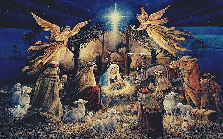 Jesus Christ, Christmas, lights, angel, night, Virgin Mary, HD wallpaper