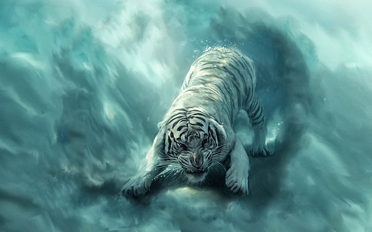 albino tiger digital wallpaper, fantasy art, animals, one animal, HD wallpaper