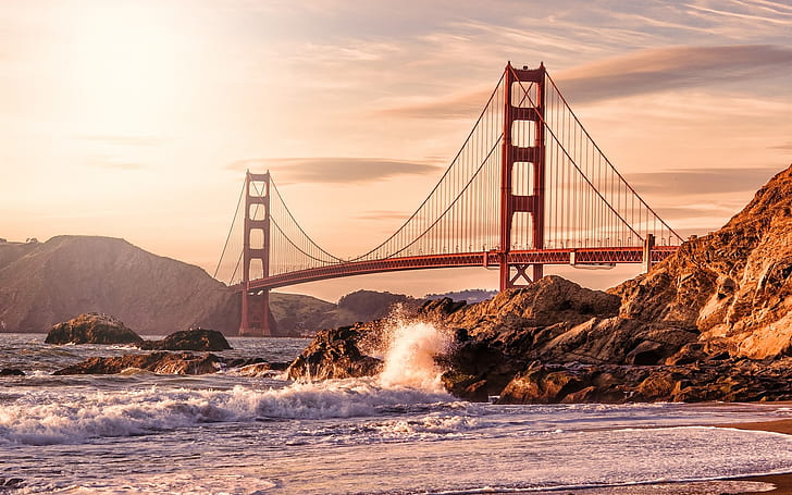 USA, San Francisco, Golden Gate bridge, rocks, waves, beach, golden gate bridge san francisco california, HD wallpaper