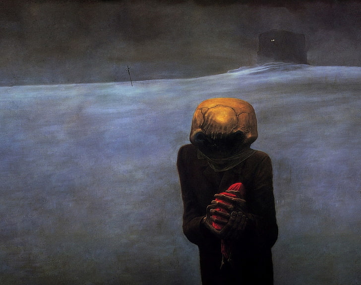 Zdzislaw Beksinski Salvage, person in hoodie holding red stone painting