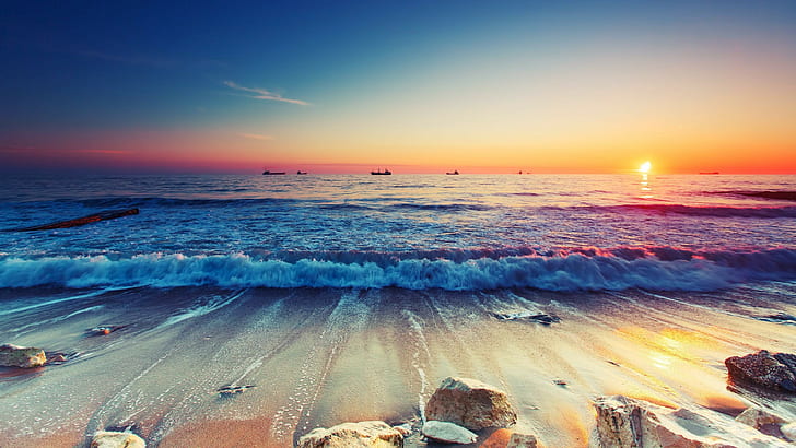 sea waves crashing on shore, sunset, beach, nature, coastline, HD wallpaper