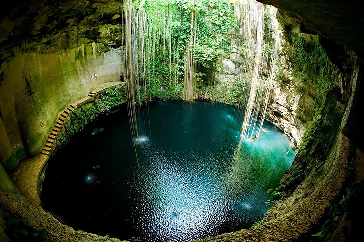 cave, cenotes, circle, landscape, Lianas, Mexico, nature, Pit