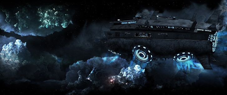 gray and black spaceship illustration, science fiction, night, HD wallpaper