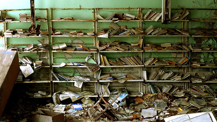 old paper, apocalyptic, old building, books, abandoned, metal