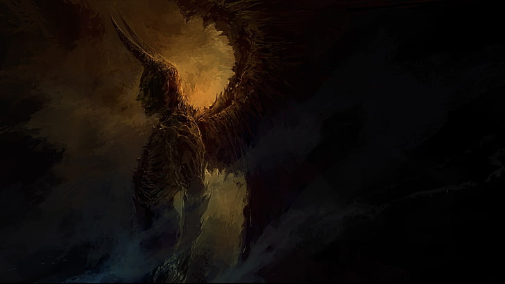 winged man with horn digital wallpaper, fantasy art, drawing