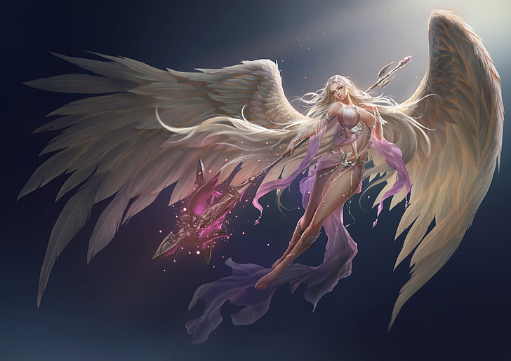 wings, no bra, nopan, see-through clothing, weapon, long hair, HD wallpaper