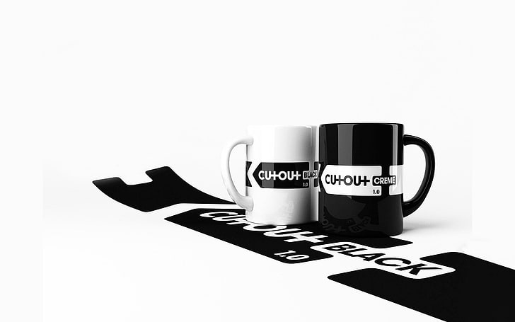 two black-and-white ceramic mugs, minimalism, cup, monochrome