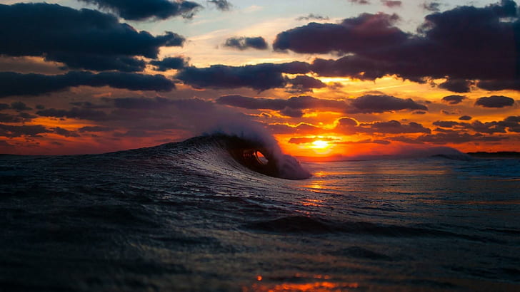 sea, surf, wave, sunset, HD wallpaper