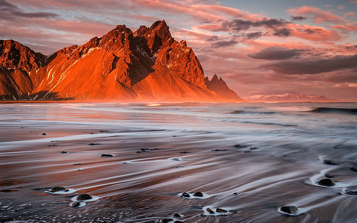Sea Coast Beach Rocky Mountains Sky With Red Clouds Stokksnes Vestrahorn Iceland Desktop Wallpaper Hd Resolution