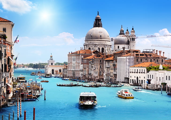 sea, the sky, the sun, clouds, the city, boats, Italy, Venice, HD wallpaper