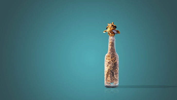 giraffe in bottle illustration, humor, bottles, studio shot, colored background, HD wallpaper
