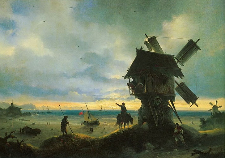 Windmill on the seashore, art, luminos, painting, pictura, ivan aivazovsky, HD wallpaper