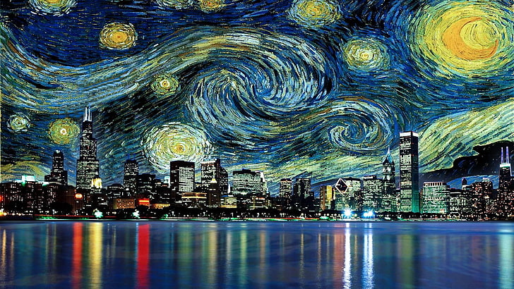 city, montage, skyscrapers, chicago, starry night, impressionist