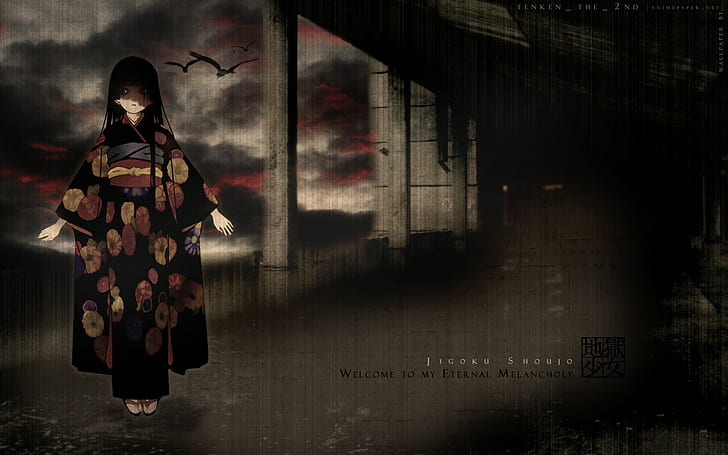 Enma Ai, anime girls, Jigoku Shoujo, crow, kimono, rain, dark eyes