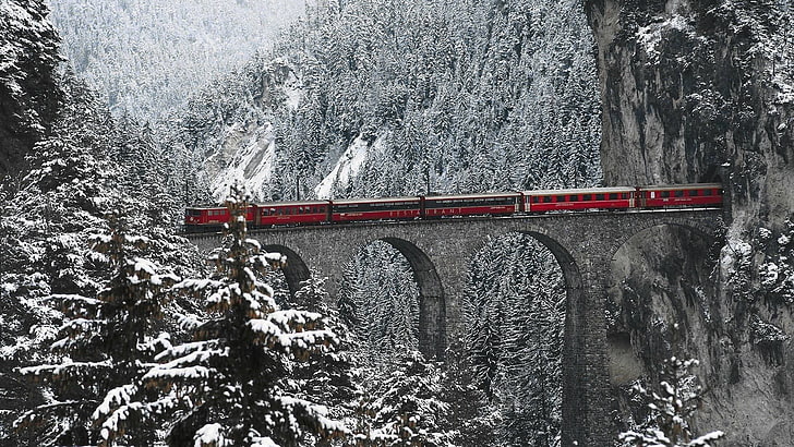 snow, bridge, Swiss Alps, Engadin Valley, train, HD wallpaper