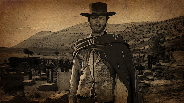 men's scarf and button-up top, Clint Eastwood, western, sepia, HD wallpaper