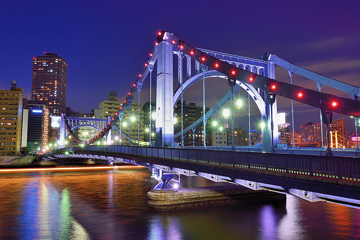grey suspension bridge, the sky, night, lights, river, building, HD wallpaper