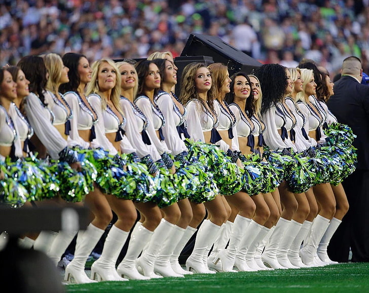 women's white cheer leader dress, NFL, cheerleaders, Seattle Seahawks