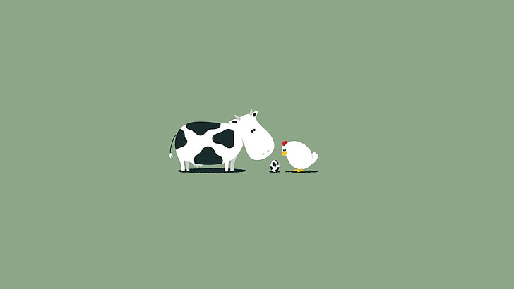 chicken and cow looking at egg illustration, eggs, breeding, mixing, HD wallpaper
