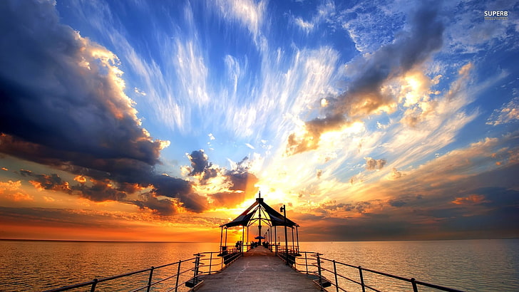 dock with canopy tent, pier, clouds, sky, sunset, water, cloud - sky, HD wallpaper