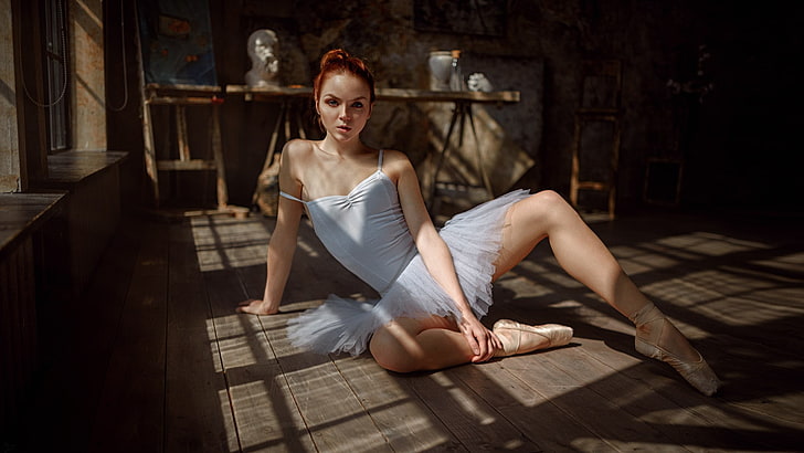 Georgy Chernyadyev, women, model, ballerina, on the floor, redhead, HD wallpaper