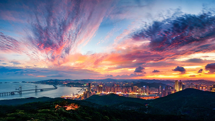 city, hangzhou, dusk, night, zhejiang, china, asia, sky, cloud - sky, HD wallpaper