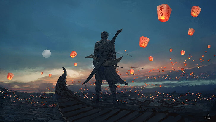 sea, artwork, Moon, warrior, sky lanterns, nature, sunset, water, HD wallpaper
