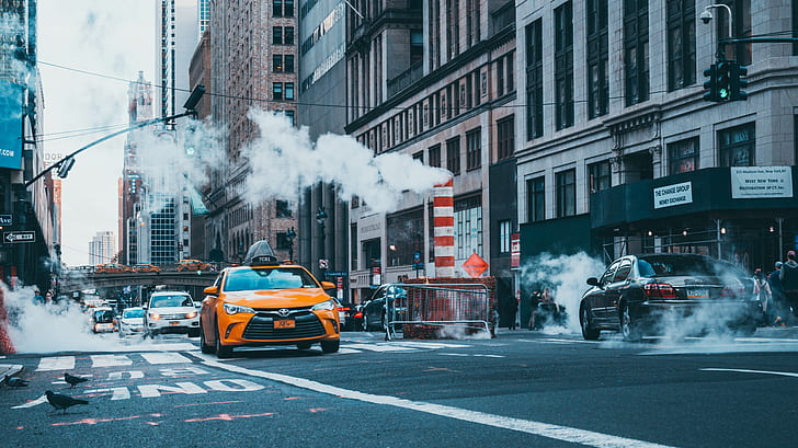 car, city, taxi, New York City, street, smoke, HD wallpaper