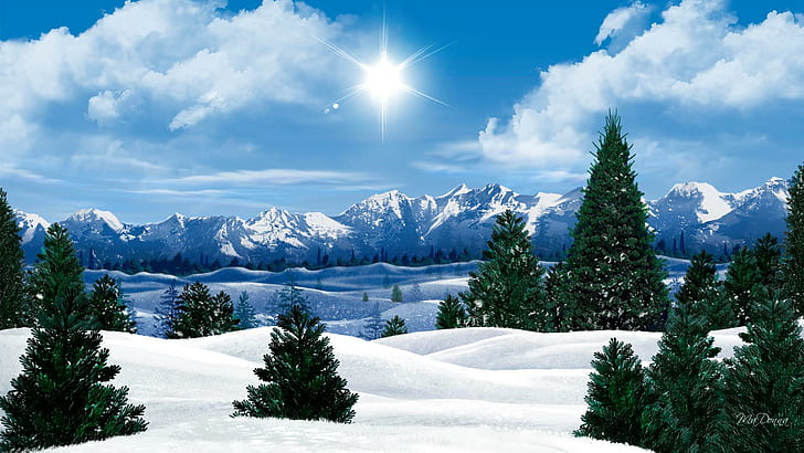 Winter Morning Sun, snow capped mountain, firefox persona, christmas