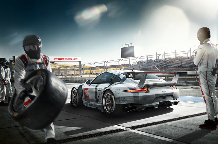 white and black sports car, Porsche 911 RSR, Pit stop, Pit crew, HD wallpaper